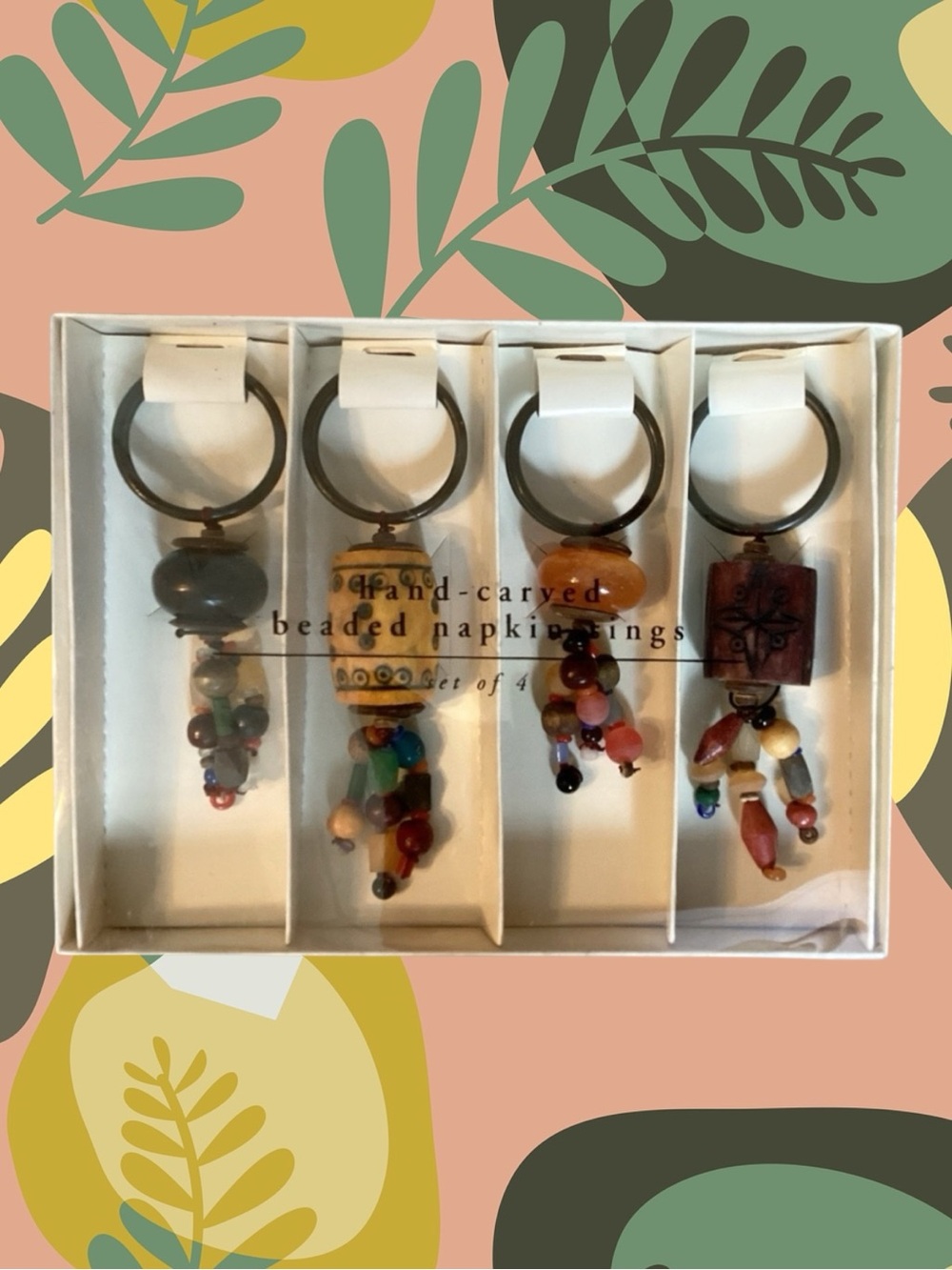 Pier 1 Imports NIB Hand Carved Artisan Boho Rustic Tribal Beaded Napkin Rings